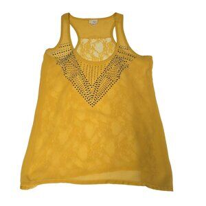 Daytrip Yellow Racerback Tank Top Rhinestones Sheer Lace Overlay Medium
